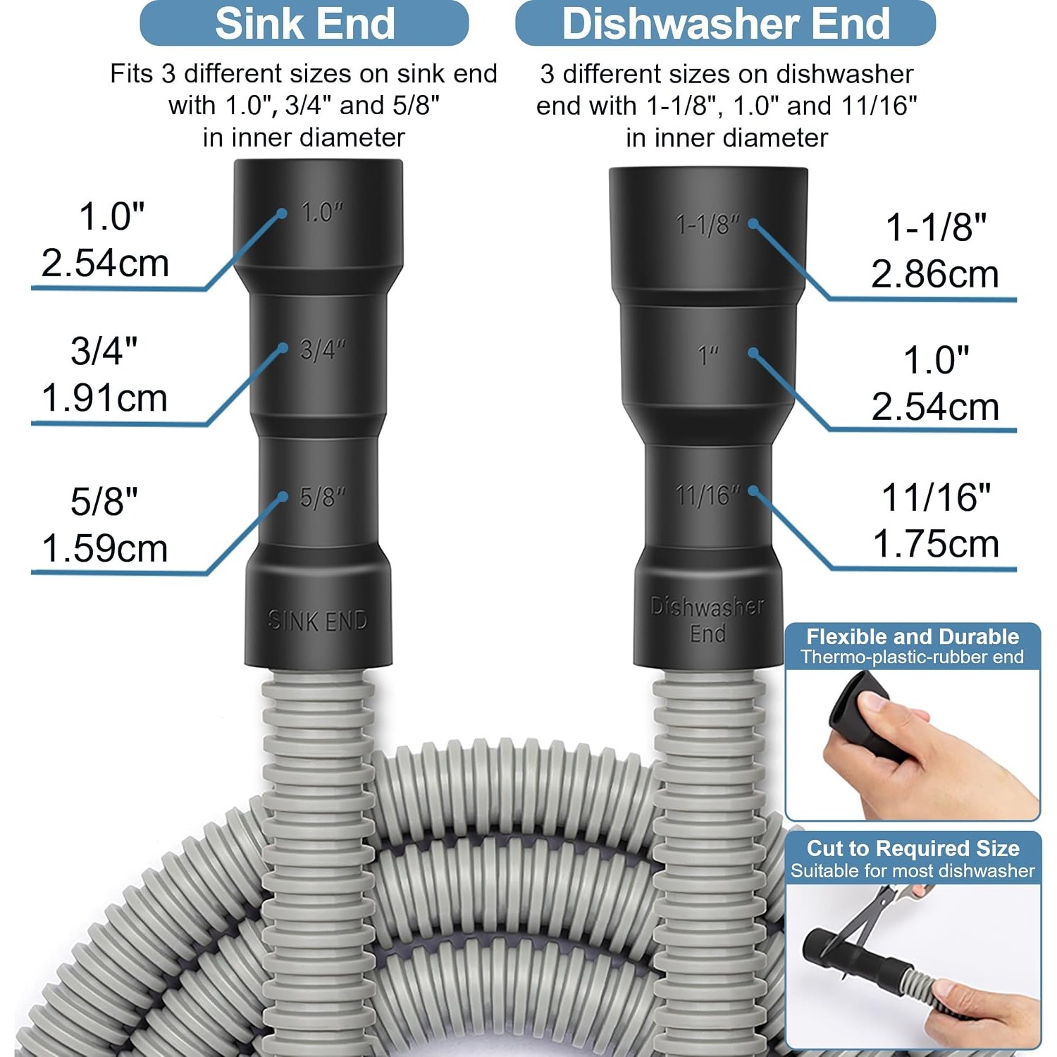 2m Universal Dishwasher Drain Hose with Stainless Steel Clamps, detail view