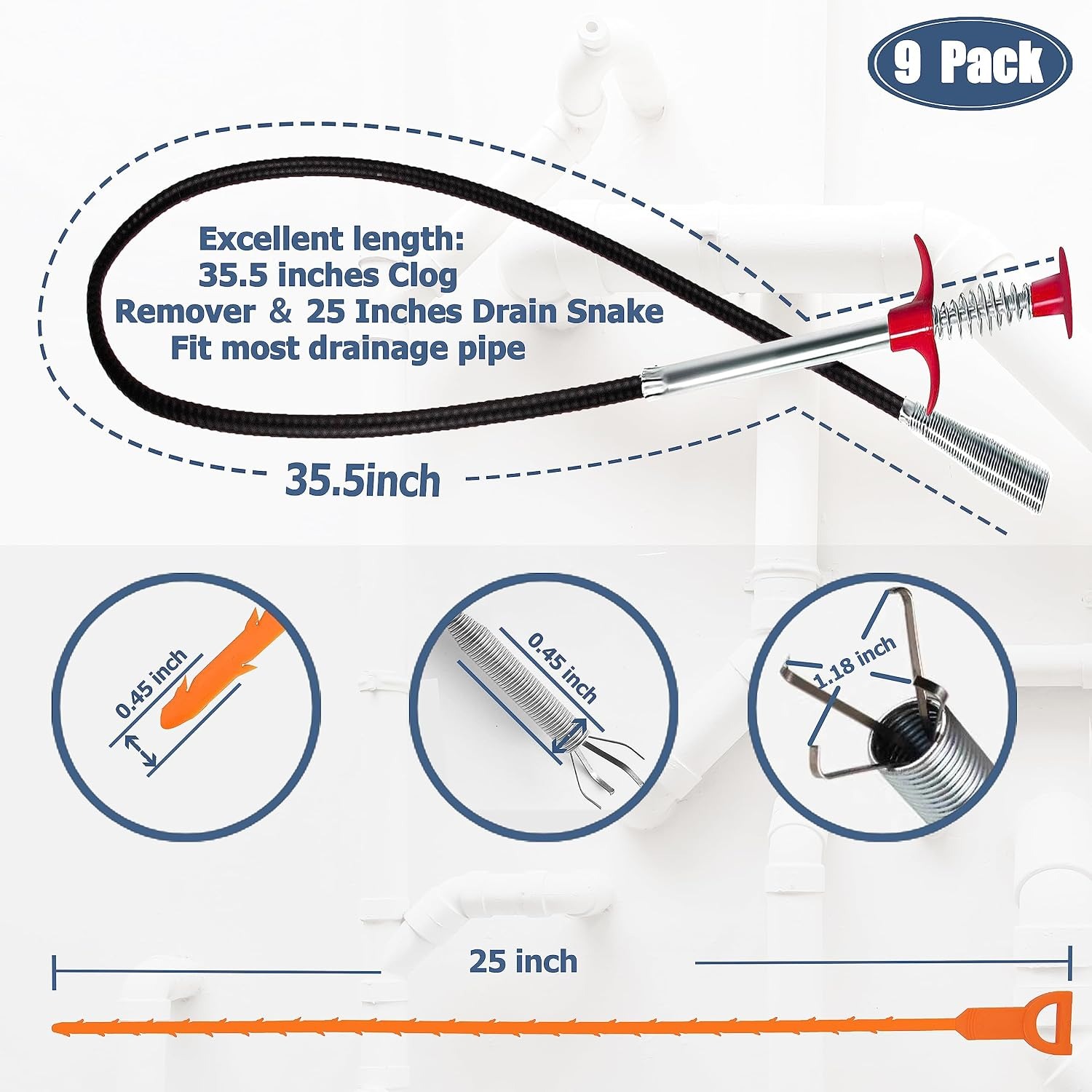 9 Piece Drain Clog Remover Set with Drain Snakes and Cleaning Brushes: image 2