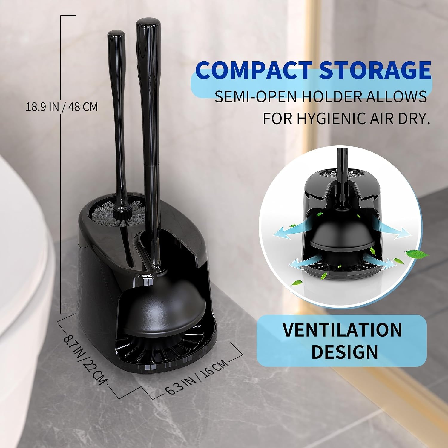 Toilet Plunger and Brush Set with Two-Compartment Holder: image 3