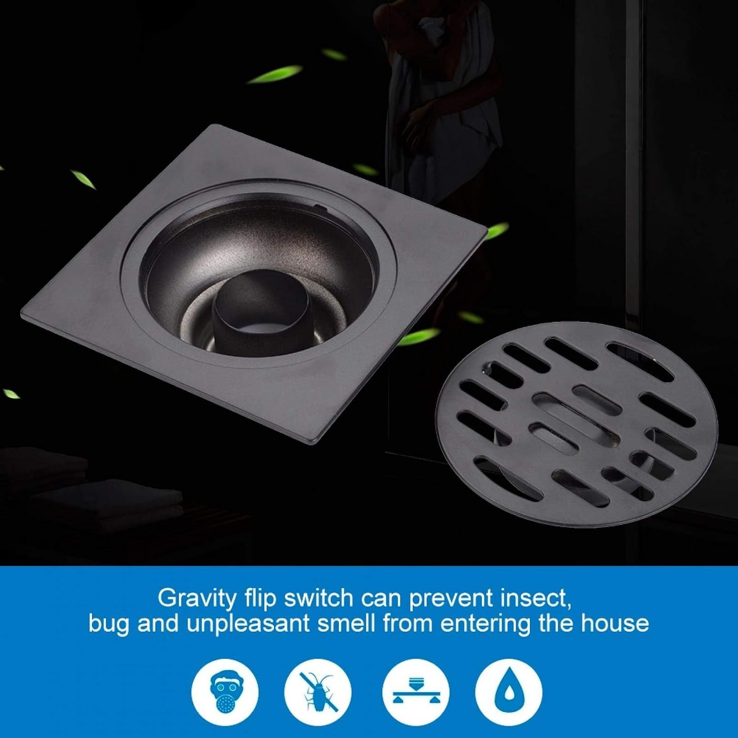 Black Square Floor Drain with Gravity Flip Seal: image 5