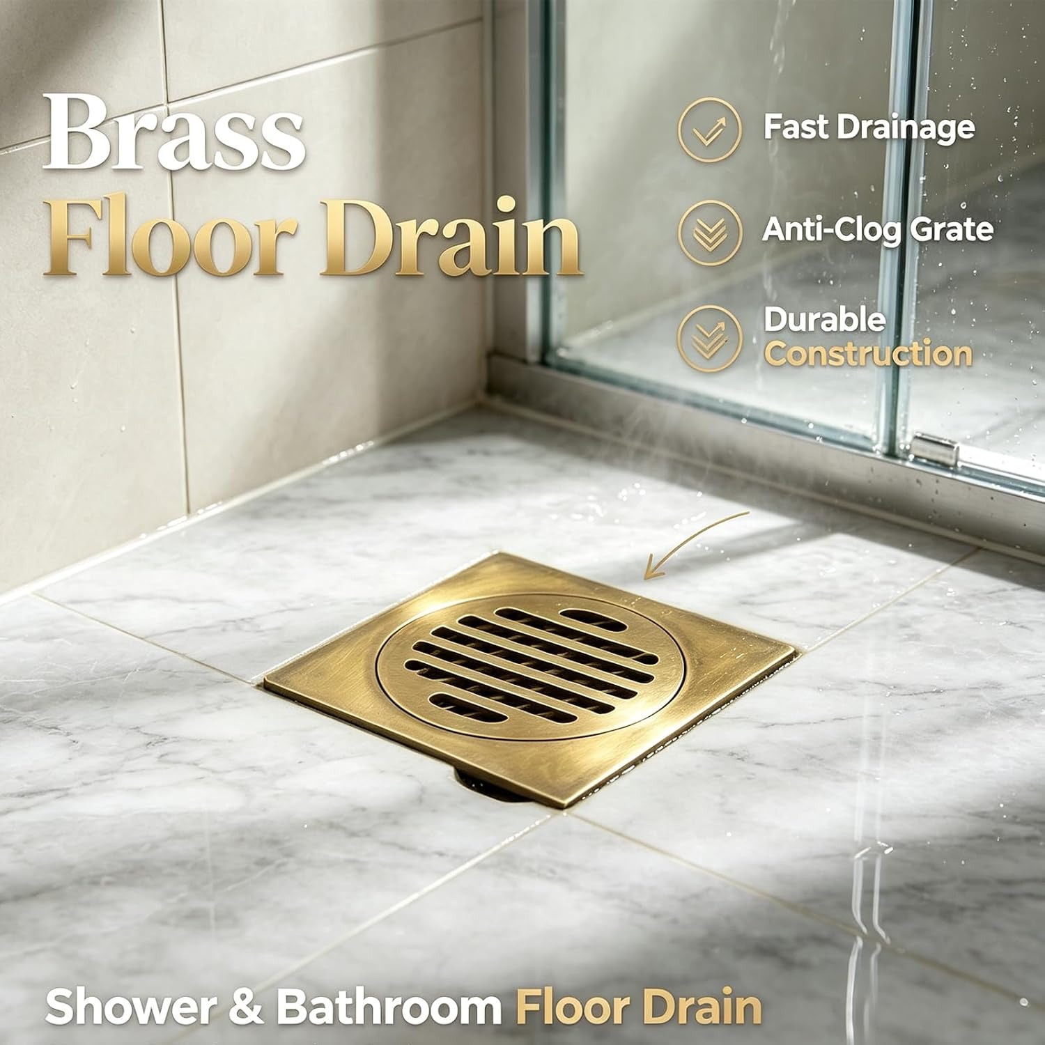 Gold Square Shower Floor Drain with Removable Hair Strainer: image 2