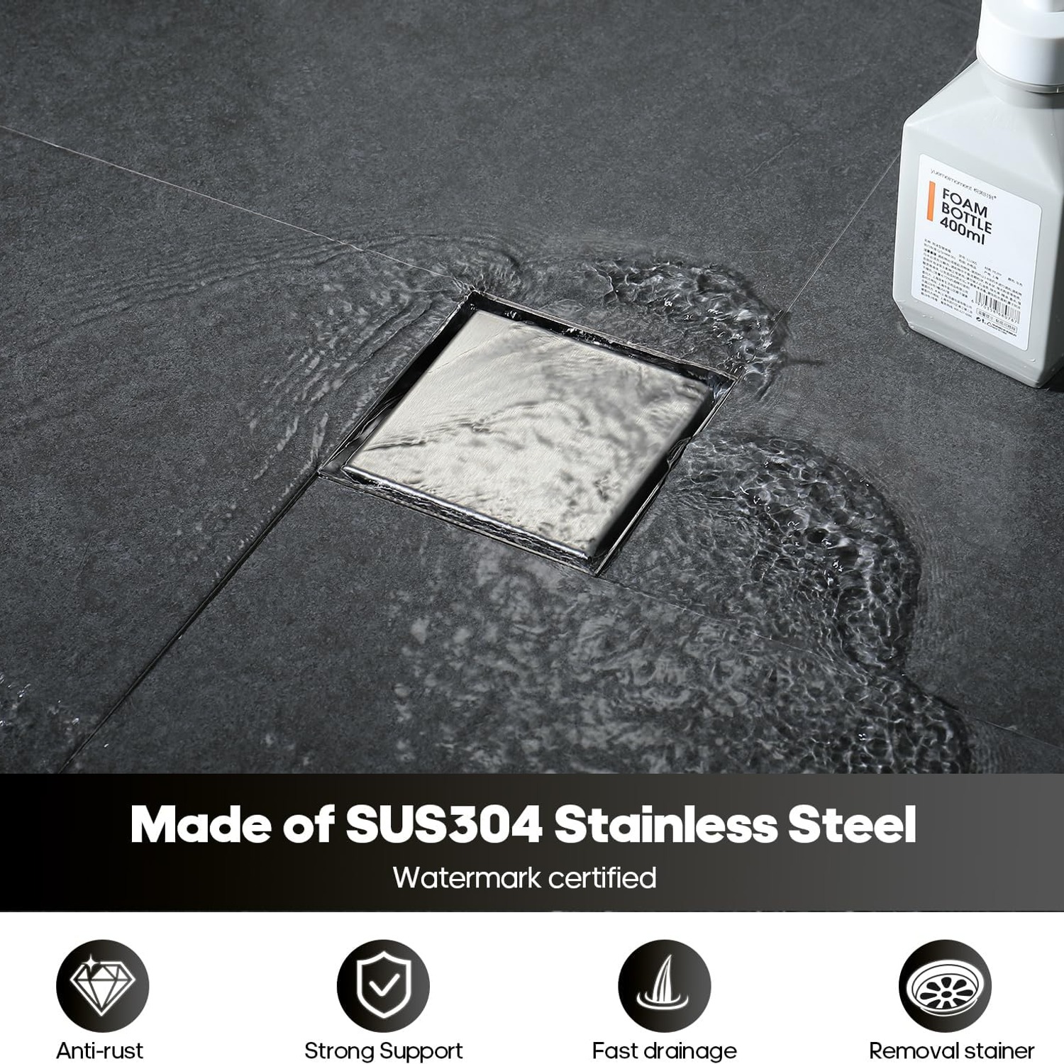 Decaura 115mm Square Shower Grate in Brushed Nickel Stainless Steel: image 2