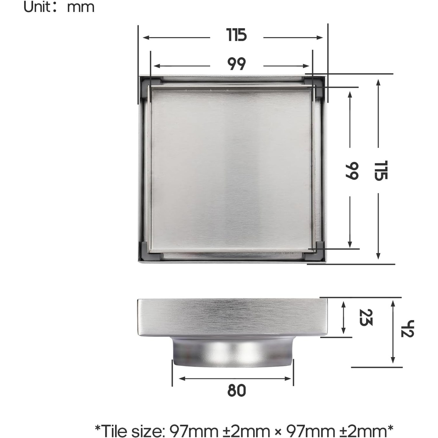 Decaura 115mm Square Shower Grate in Brushed Nickel Stainless Steel: image 6